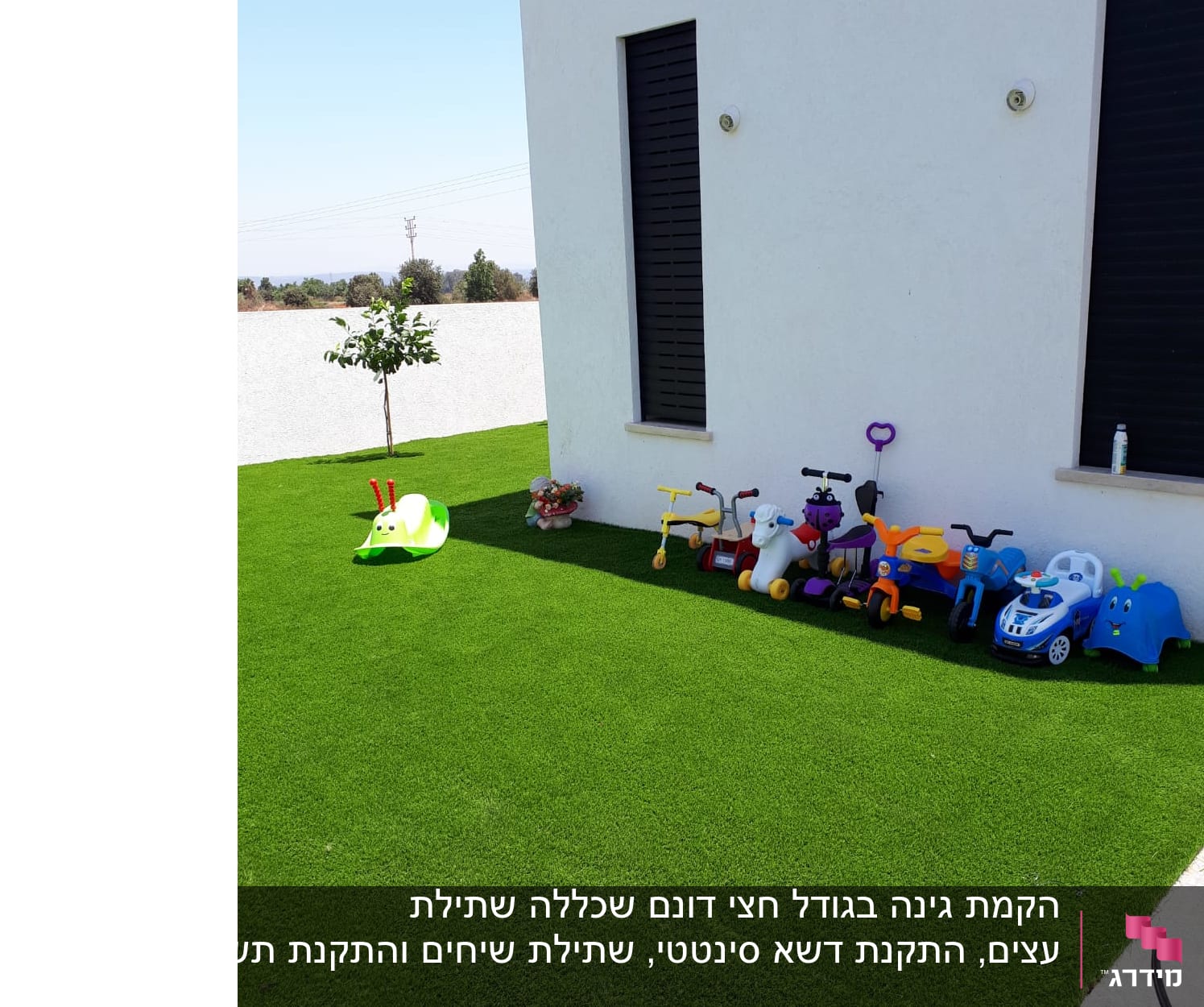 דשא סינטטי עם צעצועים על הדשא